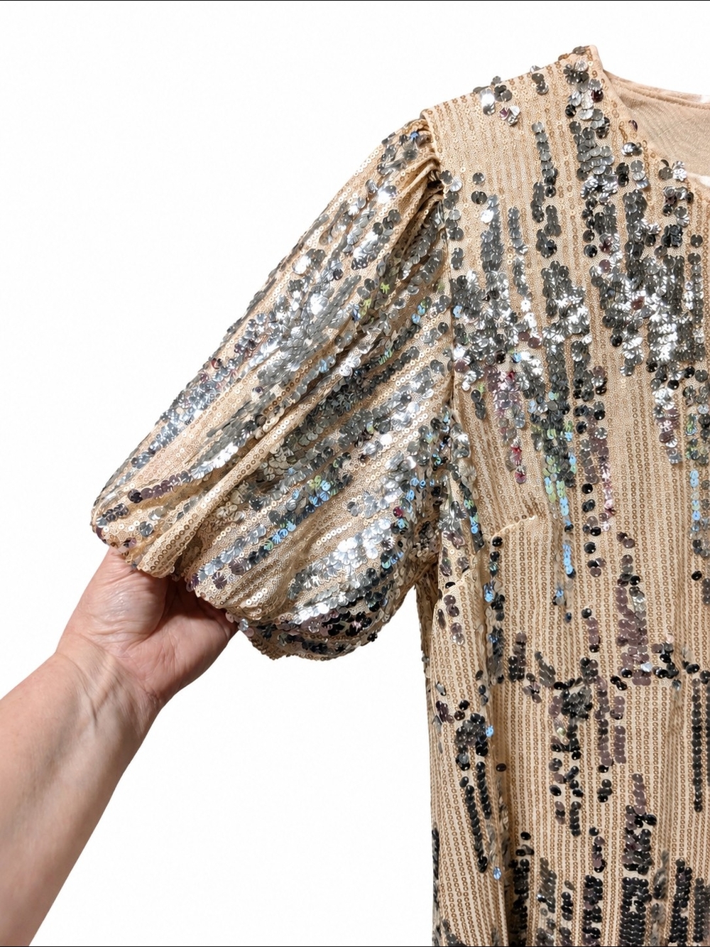 THML Champagne Sequin Puff Sleeve Mini Dress - Picture 5 of 8
